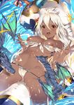  :d assisted_exposure bare_shoulders between_legs bikini bikini_pull blush breasts cameltoe creature dark_skin dragon flower from_above front-tie_bikini front-tie_top granblue_fantasy groin hair_between_eyes hair_flower hair_ornament hibiscus long_hair looking_at_viewer lying medium_breasts navel nipple_slip nipples on_back open_mouth partially_visible_vulva red_eyes ribbon round_teeth scales shiny shiny_skin smile solo stomach straight_hair strap_pull swimsuit tachibana_yuu teeth undressing very_long_hair white_bikini white_hair white_ribbon zooey_(granblue_fantasy) 