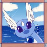  2016 blue_skin breaking_the_fourth_wall cloud cute dragon dragonair english_text glass hi_res horn looking_at_viewer nintendo pok&eacute;mon purple_eyes shikaro signature sky text video_games water white_horn window 