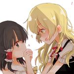  :d black_hair blonde_hair blush braid brown_eyes eye_contact face-to-face hakurei_reimu kirisame_marisa kosencha long_hair looking_at_another multiple_girls no_hat no_headwear open_mouth single_braid smile sparkle touhou yellow_eyes 