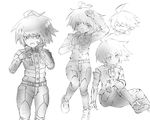  ahoge android arm_up blush body_armor danganronpa expressions greyscale heart_ahoge keebo looking_at_viewer magatatara male_focus monochrome new_danganronpa_v3 ringed_eyes simple_background sitting solo sweat white_background 