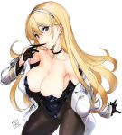  1girl azur_lane bangs bare_shoulders black_choker black_gloves black_legwear blonde_hair blue_eyes blush breasts choker cleavage collarbone commentary_request cross_choker eyebrows_visible_through_hair floating_hair gloves hairband highres large_breasts long_hair looking_at_viewer north_carolina_(azur_lane) off_shoulder pantyhose signature simple_background solo tooya_daisuke white_background 