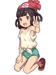  10s 1girl bangs beanie black_hair blush child e10 female female_protagonist_(pokemon_sm) flat_chest hat kneeling looking_at_viewer nintendo off_shoulder open_mouth pokemon pokemon_(game) pokemon_sm simple_background solo tied_shirt v white_background 