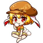  animal_ears barefoot blonde_hair blush_stickers bunny_ears chibi dango eating flat_cap floppy_ears food full_body hand_on_leg hat lowres midriff moon_rabbit orange_hat orange_shirt red_eyes renren_(ah_renren) ringo_(touhou) shirt short_hair short_sleeves shorts sitting solo striped striped_shorts touhou wagashi 