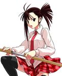  akamatsu_ken asymmetrical_bangs asymmetrical_hair bangs black_legwear brown_eyes brown_hair dress_shirt highres long_hair mahou_sensei_negima! necktie official_art one_knee ootachi open_mouth plaid plaid_skirt pleated_skirt sakurazaki_setsuna sheath shirt side_ponytail simple_background skirt solo sword thighhighs unsheathing weapon white_background white_shirt 