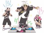  2boys bad_id bad_pixiv_id bandana_over_mouth black_hair blue_hair cellphone chain_necklace commentary_request dance_dance_revolution dancing dark_skin dark_skinned_male eyewear_on_head grin guzma_(pokemon) holding holding_phone hood hoodie long_hair multiple_boys phone pink_eyes pink_hair pokemon pokemon_(game) pokemon_sm ryanpei shoes short_hair shorts skull_hat skull_necklace smartphone smile sparkle sunglasses team_skull team_skull_grunt translation_request white_footwear white_hair 