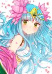  akirannu aqua_hair bad_id bad_pixiv_id bandeau bare_shoulders blush breasts facial_mark flower forehead_mark green_eyes hair_flower hair_ornament headdress highres jewelry long_hair lotus medium_breasts necklace parvati_(p&amp;d) petals puzzle_&amp;_dragons shawl sideboob smile solo 