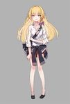  alternate_costume bag bare_legs black_footwear blonde_hair bow braid clothes_around_waist contemporary cross_eyed fang grey_background hair_bow kirisame_marisa long_hair long_sleeves open_mouth pokan_(xz1128) shirt shoes side_braid simple_background smile solo touhou white_shirt yellow_eyes 