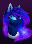  blue_eyes cosmic_hair equine eyelashes female feral headshot horn magnaluna mammal purple_background simple_background smile solo unicorn 