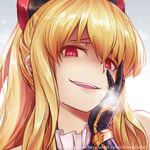  bangs black_bow blonde_hair blush bow breath granblue_fantasy hair_bow hand_on_own_cheek heart heart-shaped_pupils kengzeta long_hair looking_at_viewer parted_lips portrait red_eyes sidelocks smile solo sweat symbol-shaped_pupils vira_lilie watermark web_address 