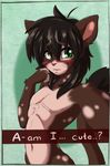  2016 anthro armpits black_hair blush brown_fur cat english_text feline fur girly green_eyes hair hi_res looking_at_viewer male mammal navel nude selfie solo swordkirby text twix_(fluff-kevlar) 