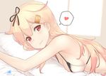  bare_shoulders bed bed_sheet blonde_hair breast_press breasts dan_(kumadan) gradient_hair hair_flaps heart kantai_collection light_smile long_hair looking_at_viewer lying medium_breasts midriff multicolored_hair on_stomach pillow pillow_hug red_eyes red_hair remodel_(kantai_collection) sideboob signature solo spoken_heart underwear underwear_only upper_body yuudachi_(kantai_collection) 