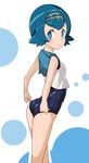  adjusting_clothes adjusting_swimsuit bare_arms bare_legs blue_eyes blue_hair blue_sailor_collar blush hairband looking_at_viewer one-piece_swimsuit petite pocari_sweat_(artist) pokemon pokemon_(game) pokemon_sm polka_dot polka_dot_background sailor_collar shirt short_hair sleeveless sleeveless_shirt solo suiren_(pokemon) swimsuit swimsuit_under_clothes trial_captain 