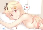  black_ribbon blonde_hair breast_press breasts dan_(kumadan) hair_between_eyes hair_flaps hair_ribbon heart kantai_collection light_smile long_hair looking_at_viewer lying medium_breasts nude on_stomach pillow pillow_hug red_eyes red_hair remodel_(kantai_collection) ribbon sideboob solo spoken_heart upper_body yuudachi_(kantai_collection) 