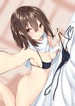  2016 armpits artist_name ass bangs bed_sheet bikini bikini_bottom_removed black_bikini blush bottomless breasts brown_eyes brown_hair cleavage closed_mouth dated dutch_angle eyebrows_visible_through_hair foreshortening hair_between_eyes kantai_collection legs_up looking_at_viewer lying medium_breasts nebusoku on_stomach outstretched_arm perspective reaching_out scarf self_shot sendai_(kantai_collection) side-tie_bikini smile solo swimsuit the_pose twitter_username two_side_up white_scarf 