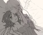  2girls adjusting_hair ahoge arm artist_request bare_arms bare_shoulders bed blush breasts cleavage collarbone couple dress eyes_closed female forehead_kiss frilled_dress frilled_nightgown frills hair_ornament izetta kiss large_breasts long_hair looking_at_another lying monochrome multiple_girls neck nightgown off_shoulder on_back on_side one_eye_closed open_mouth ortfine_fredericka_von_eylstadt pillow short_hair shuumatsu_no_izetta upper_body wince yuri 