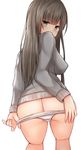  ass bangs blunt_bangs brown_hair covered_nipples cowboy_shot from_behind grey_sweater highres kneepits leaning_forward long_hair long_sleeves looking_at_viewer looking_back mizushina_minato original panties solo sweater thighs underwear undressing white_panties 