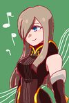  1girl bare_shoulders blue_eyes blush breasts brown_hair dress elbow_gloves gloves green_background hair_over_one_eye long_hair smile tales_of_(series) tales_of_the_abyss tear_grants 