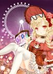  :o alternate_costume arm_support blonde_hair blush bonnet choker collarbone cravat crystal di_tao dress ferris_wheel flandre_scarlet flower food frilled_choker frilled_sleeves frills gradient gradient_background hair_ribbon hat hat_flower juliet_sleeves leg_lift light_particles long_sleeves looking_at_viewer macaron petticoat pink_flower pink_rose puffy_sleeves purple_background reclining red_dress red_eyes ribbon rose short_hair side_ponytail skirt solo thighhighs touhou unmoving_pattern white_legwear white_skirt wings 