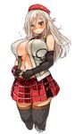  alisa_ilinichina_amiella black_footwear black_gloves black_legwear blue_eyes blush boots breasts elbow_gloves fingerless_gloves gloves god_eater hat highres large_breasts long_hair navel perky_breasts plaid plaid_skirt sachito silver_hair simple_background skirt solo thigh_boots thighhighs underboob white_background 