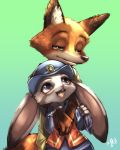  1boy 1girl :3 animal_ears artist_name blue_hat blue_shirt blush buck_teeth bunny_ears couple fox_ears fox_tail furry gradient gradient_background green_background green_eyes green_shirt half-closed_eyes happy hat highres hug hug_from_behind judy_hopps light_blush long_sleeves looking_at_another looking_up nick_wilde no_humans open_mouth orange_vest police police_uniform policewoman purple_eyes shirt short_sleeves shourin_bonzu signature simple_background smile standing tail tongue uniform zootopia 