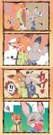  ! !! 1boy 1girl 4koma :3 animal_ears belt black_footwear black_vest blue_pants blue_shirt blush bunny_ears bunny_tail candy clenched_teeth closed_mouth comic directional_arrow eating emphasis_lines eyes_closed fang flat_chest food food_on_face fox_ears fox_tail from_side furry green_eyes green_shirt grey_pants half-closed_eyes hand_in_pocket hand_on_another&#039;s_chest hand_up happy highres holding japanese_text judy_hopps jumping lollipop long_sleeves looking_at_another looking_up mouth_hold multiple_views musical_note necktie nick_wilde no_humans nose_blush open-toed_shoes open_mouth outdoors outline pants police police_uniform policewoman pouch profile purple_eyes purple_neckwear sharp_teeth shirt short_sleeves shourin_bonzu smile speech_bubble spoken_exclamation_mark spoken_musical_note squiggle standing striped striped_neckwear surprised tail teeth third-party_edit translation_request uniform vest walking white_outline wide-eyed zootopia 