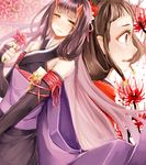  2girls brown_eyes brown_hair chitose_cxarma dress elbow_gloves flower gloves hair_ornament horns japanese_clothes multiple_girls open_mouth purple_hair sakuya_(tales_of_innocence) tales_of_(series) tales_of_innocence tears yellow_eyes 