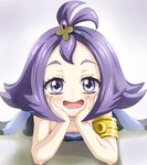  :3 :d acerola_(pokemon) armlet bangs bare_arms blush body_blush collarbone dress elite_four eyelashes eyes_visible_through_hair fingernails flat_chest flipped_hair hair_ornament half_updo hands_on_own_cheeks hands_on_own_face heart heart-shaped_pupils lips looking_at_viewer lying on_stomach open_mouth pokemon pokemon_(game) pokemon_sm purple_eyes purple_hair short_hair smile solo stitches symbol-shaped_pupils teeth tongue trg-_(sain) trial_captain 