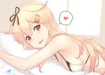  bare_shoulders bed bed_sheet black_ribbon blonde_hair bra breast_press breasts commentary_request dan_(kumadan) fangs gradient_hair hair_flaps hair_ribbon heart kantai_collection long_hair looking_at_viewer lying medium_breasts midriff multicolored_hair on_stomach open_mouth pillow pillow_hug red_eyes red_hair remodel_(kantai_collection) ribbon sideboob signature solo spoken_heart underwear underwear_only upper_body white_bra yuudachi_(kantai_collection) 