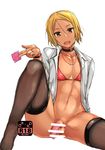  bar_censor blonde_hair bottomless bra bracelet censored chizuru_(chizucoman) choker condom condom_on_penis condom_wrapper jewelry male_focus mars_symbol navel necklace open_clothes open_shirt otoko_no_ko penis rating shirt solo spread_legs testicles thighhighs underwear white_background yellow_eyes 