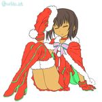  -_- 1girl ass choker christmas dress female flat_color frisk_(undertale) full_body gloves hat high_heel_boots santa_hat santa_suit short_hair simple_background solo thigh_boots undertale white_background 