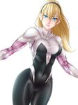  akx90000 armpits bangs blonde_hair blue_eyes bodysuit breasts closed_mouth covered_navel cowboy_shot gwen_stacy hairband looking_at_viewer marvel medium_breasts short_hair skin_tight solo spider-gwen spider_web_print superhero turtleneck 