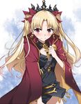  bangs black_panties blonde_hair cape cleavage_cutout closed_mouth cowboy_shot earrings embarrassed ereshkigal_(fate/grand_order) fate/grand_order fate_(series) frown gold_trim hair_ribbon hand_on_own_chest jewelry long_hair looking_at_viewer panties parted_bangs pink_eyes red_cape red_eyes red_ribbon ribbon shoulder_belt skull solo sweat tsuedzu two-tone_background two_side_up underwear wavy_mouth 