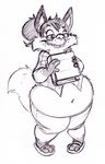  anthro book braces buckteeth canine clothed clothing eyewear female footwear fox freckles glasses gloves_(marking) justjim looking_at_viewer mammal markings navel nerd overweight overweight_female ponytail sandals slightly_chubby smile socks_(marking) solo teeth young 