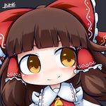  ascot bad_id bad_twitter_id bangs blunt_bangs blush bow brown_hair chibi detached_sleeves hair_bow hair_tubes hakurei_reimu inunoko. japanese_clothes long_hair looking_at_viewer looking_to_the_side nontraditional_miko signature smile solo touhou yellow_eyes 