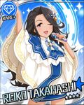  alternate_costume black_hair blue_background card_(medium) character_name diamond_(symbol) earrings hair_ornament idolmaster idolmaster_cinderella_girls jewelry long_hair microphone official_art one_eye_closed purple_eyes solo sparkle takahashi_reiko 