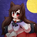  animal_ears bad_id bad_twitter_id blue_background brooch brown_hair dress imaizumi_kagerou inunoko. jewelry looking_at_viewer moon red_eyes signature solo tail touhou wolf_ears wolf_tail 