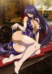  1girl ass breasts dark_skin dress female ikkitousen kan&#039;u_unchou large_breasts long_hair looking_at_viewer purple_hair shiny_skin smile 