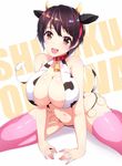  animal_ears animal_print bare_shoulders bell bell_collar bikini blush breasts brown_eyes brown_hair cleavage collar cow_ears cow_horns cow_print cow_tail fake_animal_ears hairband highres horns idolmaster idolmaster_cinderella_girls jewelry large_breasts looking_at_viewer navel oikawa_shizuku open_mouth ring ripe.c short_hair sitting sketch smile solo swimsuit tail thighhighs wariza 