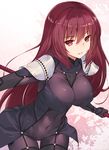  bodysuit breasts covered_navel fate/grand_order fate_(series) gae_bolg holding holding_weapon large_breasts long_hair looking_at_viewer navel pauldrons polearm purple_bodysuit purple_hair red_eyes sakuraminto scathach_(fate)_(all) scathach_(fate/grand_order) simple_background skindentation smile solo spear weapon 