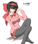  1girl artist_name black_hair black_legwear girls_und_panzer girls_und_panzer_ribbon_no_musha graphite_(medium) hair_ribbon highres large_ribbon neck_ribbon red red_ribbon red_skirt ribbon short_hair skirt smile solo thighhighs thighs traditional_media tsuruki_shizuka twitter_username white_background wota95 