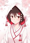  absurdres ayanami_(zhan_jian_shao_nyu) blush brown_hair cherry_blossoms ero_mang-a hair_ornament hairclip highres hood japanese_clothes kimono looking_at_viewer red_eyes short_hair smile solo uchikake zhan_jian_shao_nyu 