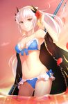  arm_up bad_id bad_pixiv_id behind_back bikini blue_bikini bow bow_bikini breasts cloud collarbone cowboy_shot dragon_girl evening fate/grand_order fate_(series) flower frilled_bikini frills front-tie_bikini front-tie_top groin hair_flower hair_ornament hair_tucking hibiscus highres holding holding_weapon horns kiyohime_(fate/grand_order) kiyohime_(swimsuit_lancer)_(fate) light_smile long_hair looking_at_viewer medium_breasts navel outdoors petals polearm ponytail shawl sky solo standing sunset swimsuit wading wakame_mi water weapon white_hair yellow_eyes 