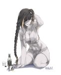  1girl abs alcohol arm_support black_hair blonde_hair bottle breasts commentary crop_top eyepatch fpdlenl011 girls_frontline hand_in_hair highres jack_daniel&#039;s limited_palette long_braid m16a1_(girls_frontline) multicolored_hair short_shorts shorts sitting solo streaked_hair sweat tongue tongue_out visible_air wariza whiskey white_background yellow_eyes 