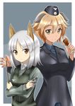  alcohol animal_ears annoyed black_legwear brave_witches brown_eyes commentary cup dog_ears drinking_glass edytha_rossmann eyebrows_visible_through_hair finger_on_trigger fox_ears fp-45_liberator grey_background gun handgun hat height_difference holding holding_cup holding_gun holding_weapon light_brown_hair lipstick makeup military military_uniform multiple_girls pantyhose pistol pointer red_liquid_(artist) shiny shiny_hair short_hair silver_hair smile sweatdrop uniform waltrud_krupinski weapon wine wine_glass world_witches_series yellow_eyes 