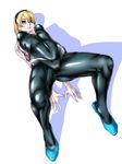  akx90000 arched_back bangs blonde_hair blue_eyes bodysuit breasts cameltoe closed_mouth covered_navel covered_nipples flexible gwen_stacy hairband looking_at_viewer marvel medium_breasts short_hair skin_tight solo spider-gwen spider_web_print spread_legs superhero 