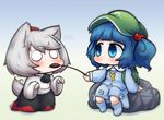  :c animal_ears artist_name backpack bad_id bad_twitter_id bag blue_eyes blue_hair boots cattail chibi gradient gradient_background hair_bobbles hair_ornament hat inubashiri_momiji inunoko. kawashiro_nitori key kneeling long_sleeves looking_at_another mouth_hold multiple_girls o_o orange_eyes paw_pose plant signature simple_background sitting sitting_on_rock skirt socks tail tail_wagging tokin_hat touhou two_side_up v-shaped_eyebrows white_hair wolf_ears wolf_tail 
