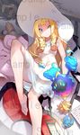  2016 bangs bare_legs barefoot blonde_hair blunt_bangs braid character_name clefairy copyright_name cosmog dated dress ege_(597100016) feet gen_1_pokemon gen_2_pokemon gen_7_pokemon green_eyes hat highres lillie_(pokemon) long_hair murkrow panties pantyshot pantyshot_(sitting) poke_ball poke_ball_print pokemon pokemon_(creature) pokemon_(game) pokemon_sm sample see-through sitting sleeveless sleeveless_dress smile sun_hat twin_braids underwear watermark white_dress white_hat 