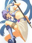  1girl blue_eyes blue_hair boots breasts gloves hair_bun jewelry judith midriff open_mouth pointy_ears short_hair skirt spear tales_of_(series) tales_of_vesperia weapon 
