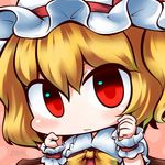  bad_id bad_twitter_id blonde_hair blush bow flandre_scarlet hat inunoko. red_eyes short_hair signature solo touhou 