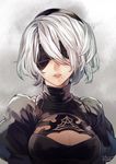  2016 bangs black_dress blindfold breasts cleavage commentary dated dress hair_between_eyes large_breasts lips mole mole_under_mouth nier_(series) nier_automata puffy_sleeves rikoe short_hair signature simple_background solo upper_body white_hair yorha_no._2_type_b 